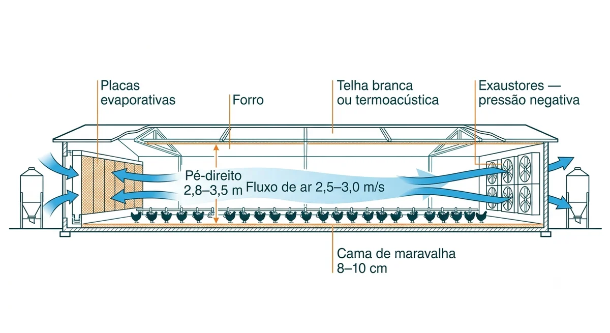 Infográfico do fluxo de ar em pressão negativa no aviário dark house