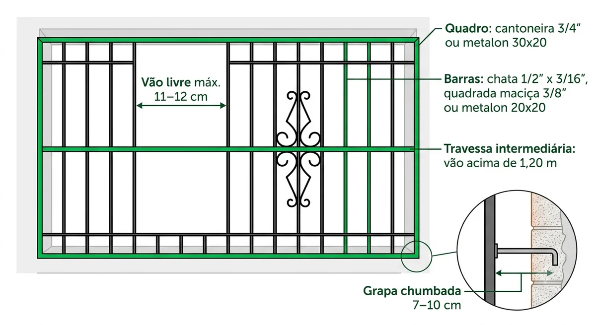 Infográfico com medidas e espaçamento de grade de ferro para janela