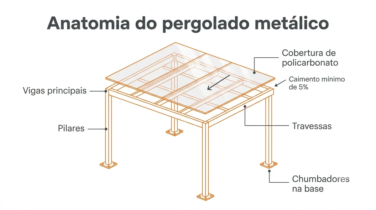 Infográfico da anatomia do pergolado metálico: pilares, vigas, travessas e cobertura
