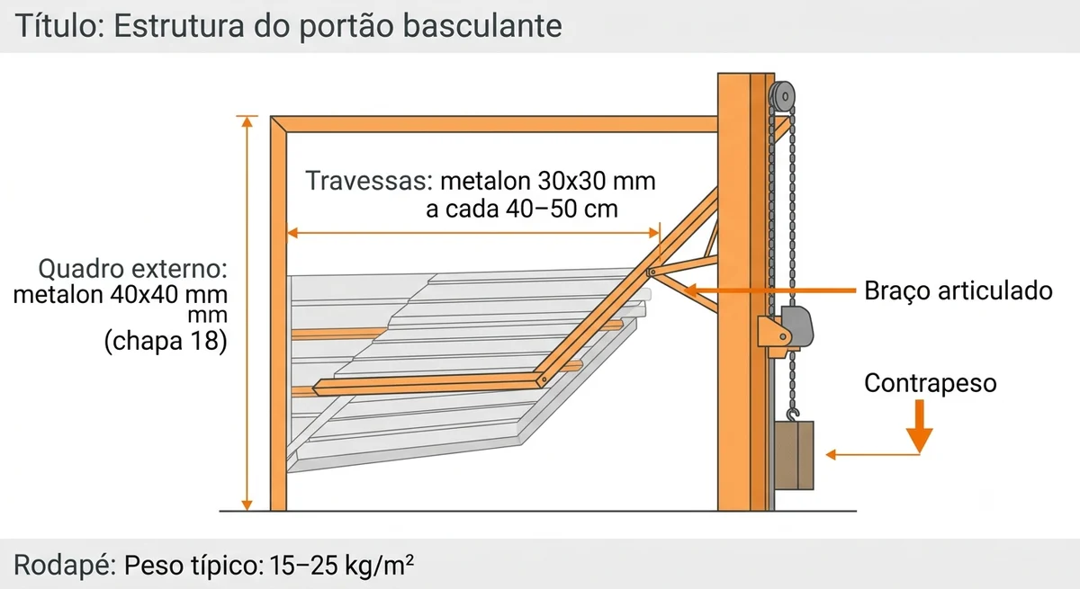 Infográfico da estrutura do portão basculante com metalon e contrapeso