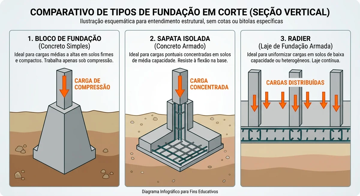 Diagrama comparativo entre sapata, bloco e radier de fundação