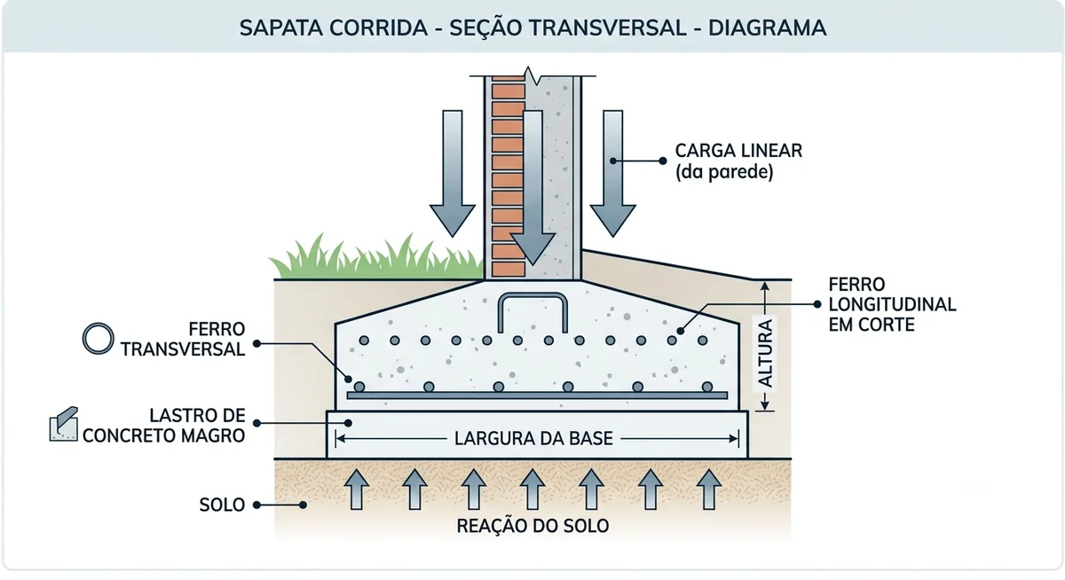 Diagrama de seção transversal de sapata corrida sob uma parede mostrando largura, altura e armadura