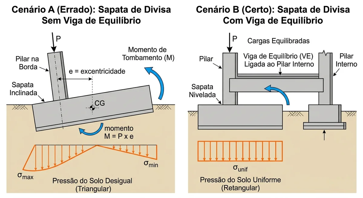 Esquema do momento por excentricidade que faz a sapata de divisa tombar sem viga