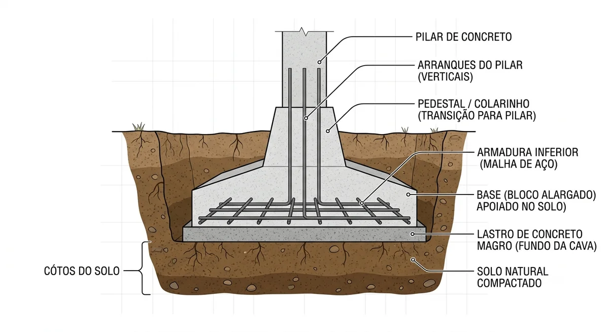 Diagrama de sapata isolada recebendo pilar metálico com chapa de base e chumbador