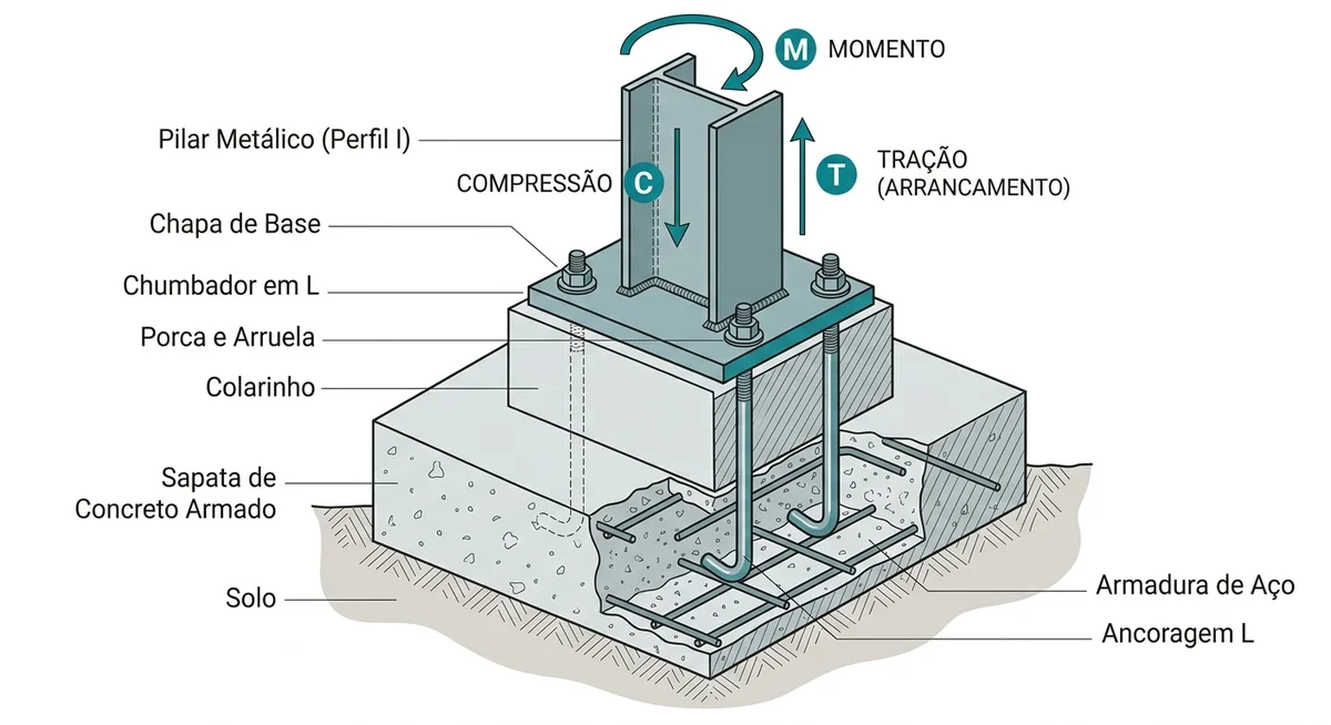 Diagrama de sapata recebendo pilar metálico com chapa de base e chumbadores