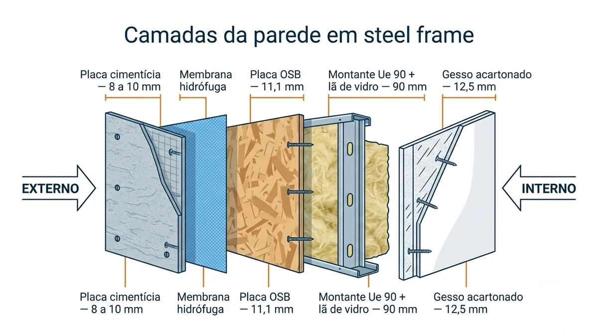 Infográfico das camadas da parede em steel frame