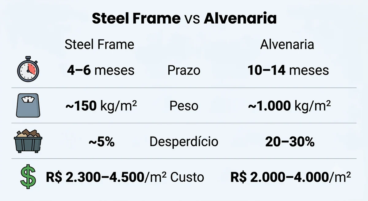 Infográfico comparativo steel frame vs alvenaria: prazo, peso, desperdício e custo
