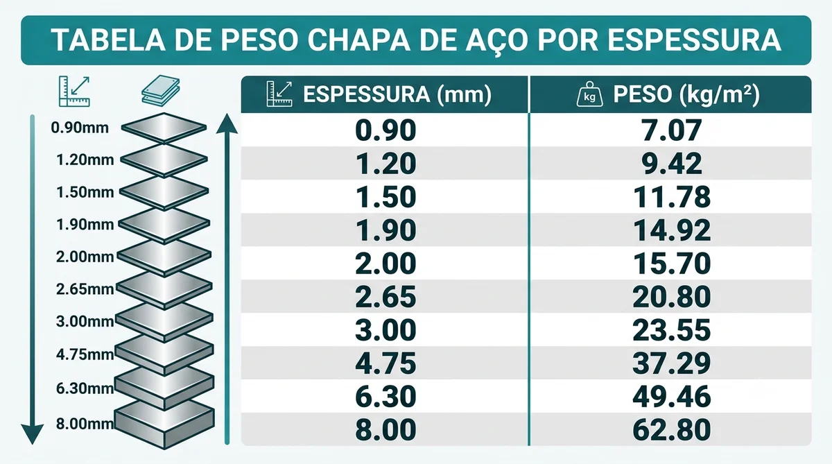 Tabela visual de peso da chapa de aço por espessura, em kg por m², da bitola fina à chapa grossa