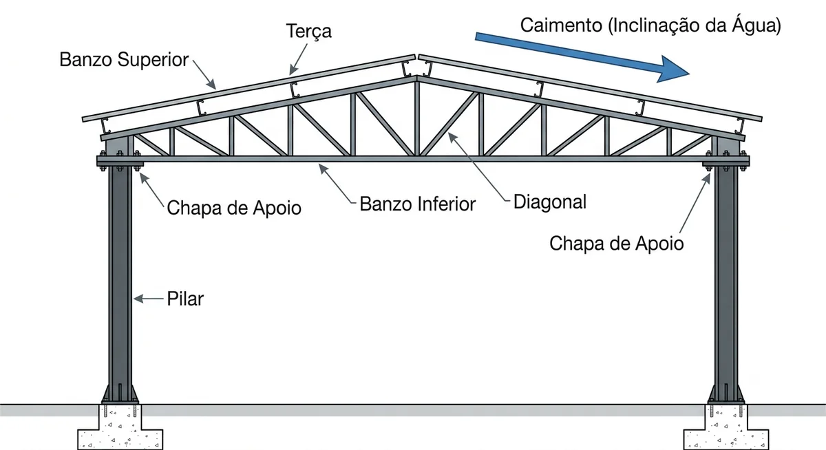 diagrama de treliça metálica apoiada nos pilares do galpão com terças e caimento