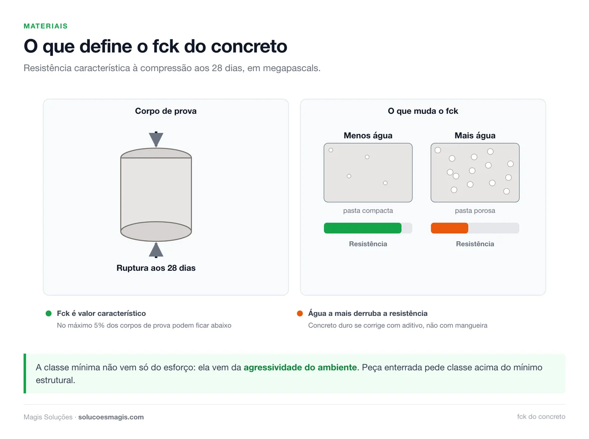 O que define o fck do concreto: ruptura aos 28 dias e efeito da água na resistência