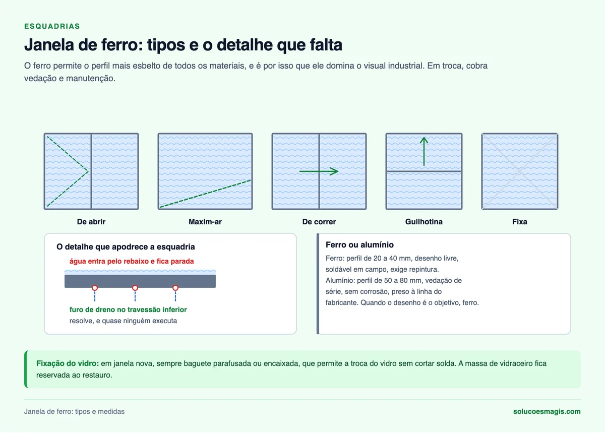 Tipos de janela de ferro e o furo de dreno no travessão inferior da esquadria