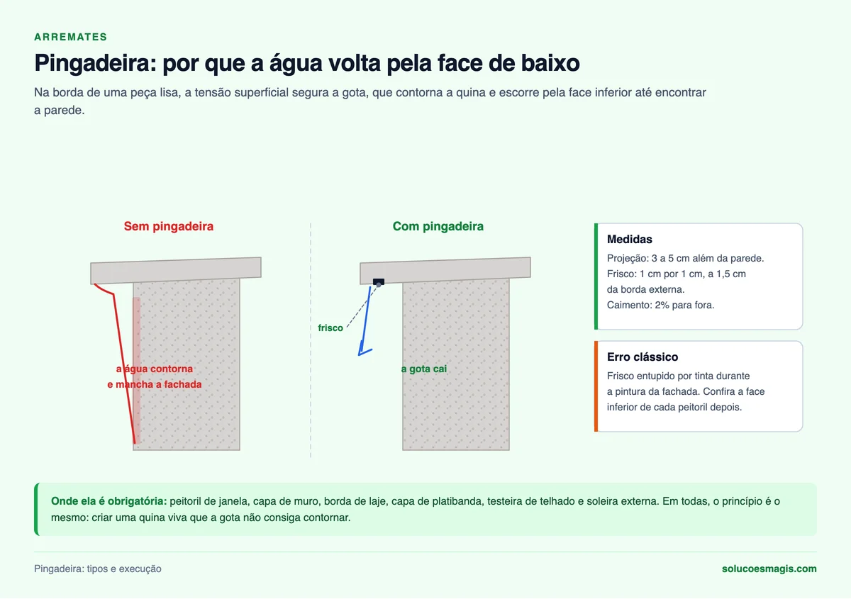 Comparação entre peitoril sem pingadeira, com a água manchando a fachada, e com frisco na face inferior