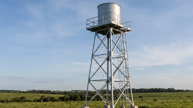 Torre para caixa d’água metálica: altura, cargas, fundação e manutenção