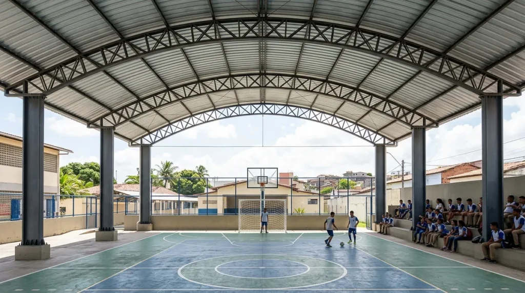 Cobertura de quadra poliesportiva: altura, estrutura, telha e custo por m²