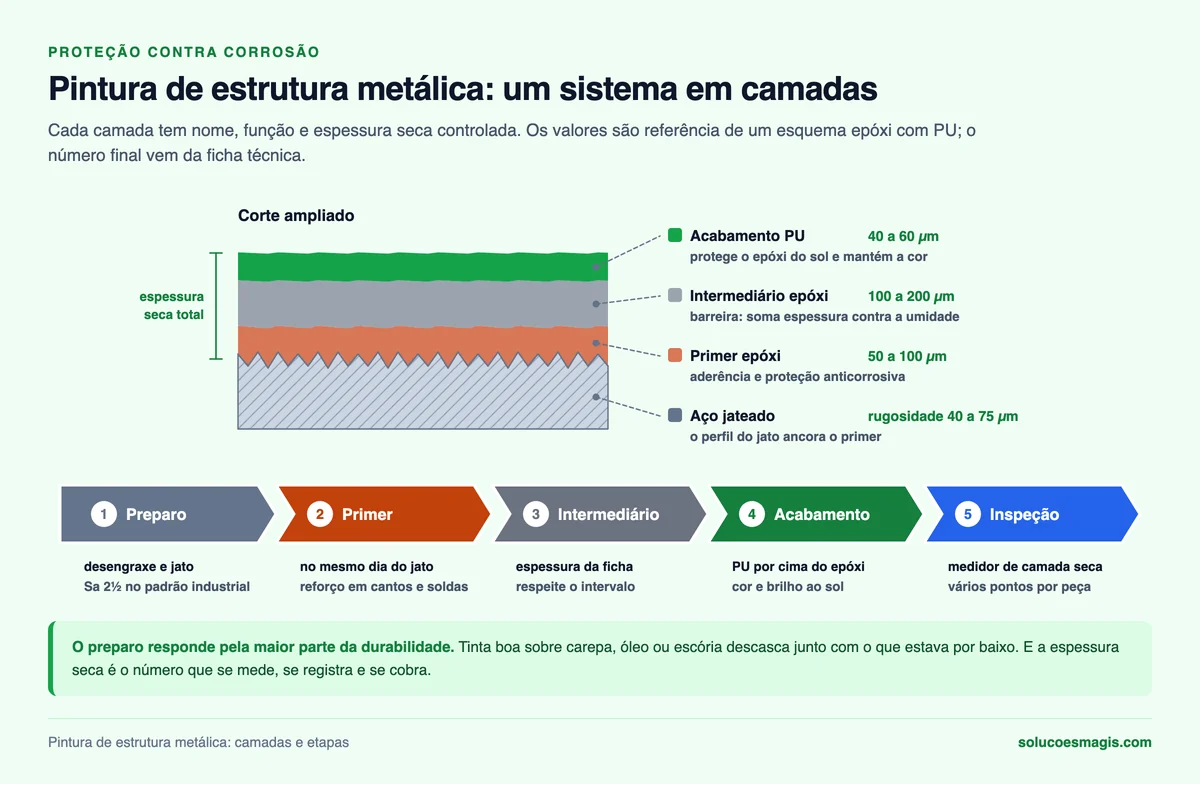 Corte de estrutura pintada com aço jateado, primer, intermediário e acabamento, e faixa com as cinco etapas da pintura